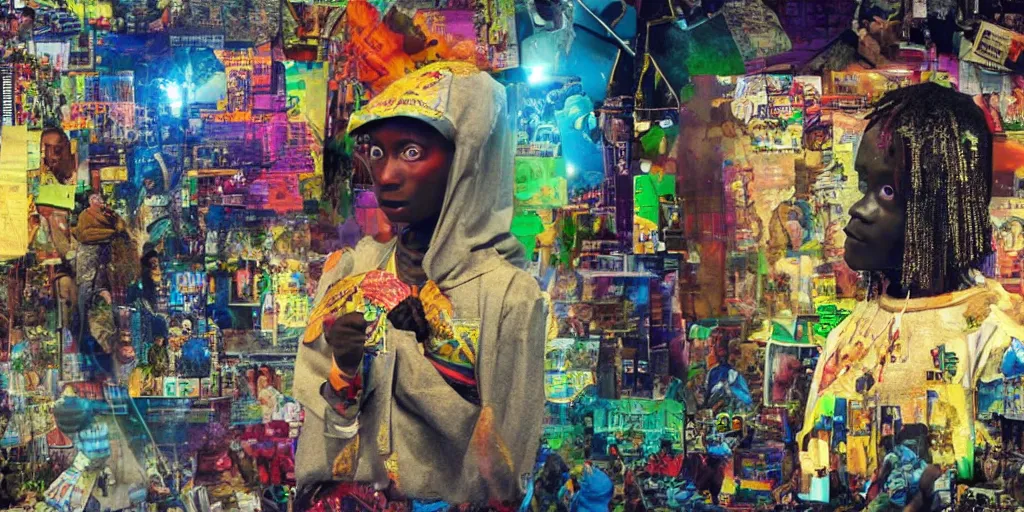 Prompt: photo of ROBOT of AJEGUNLE SLUMS of Lagos inside African JESUS CHRIST about AESTHETICS surrounding large UFO within NEON rays of light, magazine collage,