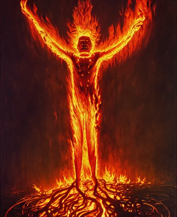 Prompt: a burning suffering man completely consisting of fire, hovering above the ground. no facial features can be seen. fullbody highly detailed portrait, concept art, masterpiece, cinematic, flames, fantasy art, hyperdetailed, hyperrealism, art by hildebrandt, donato giancola, larry elmore, beksinski, arthur rackham