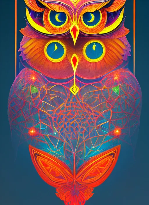 Image similar to symmetry!! product render poster vivid colors divine proportion owl, 神 圣, glowing fog intricate, elegant, highly detailed, digital painting, artstation, concept art, smooth, sharp focus, illustration,