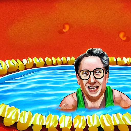 Prompt: the leader of the united kingdom swimming in a pool of beans digital painting art