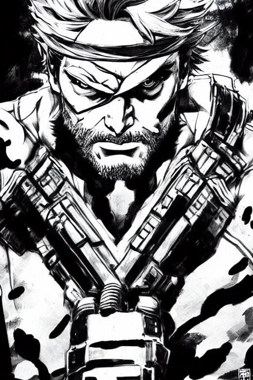 Prompt: solid snake from metal gear, sumi - e style, masterful, ultrafine hyperdetailed illustration, concept art, detailed, intricate linework, art by yoji shinkawa