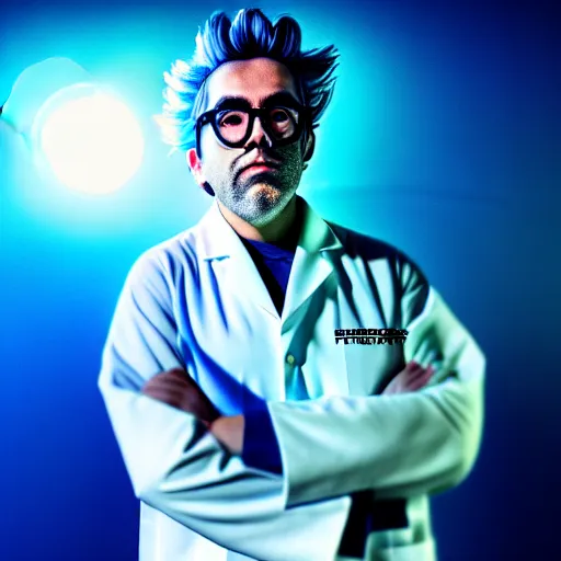 Image similar to portrait of rick sanchez, lab coat and tee shirt, lens flare, atmosphere, glow, detailed, intricate, full of colour, cinematic lighting, 4 k, hyperrealistic, focused, extreme details, cinematic, masterpiece