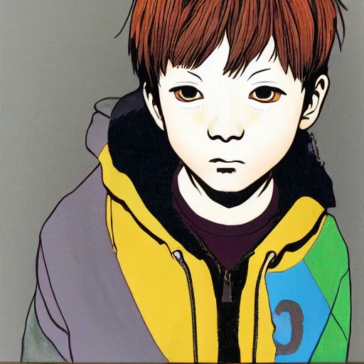 Prompt: a colorful portait of a boy with an orange hoodie made by inio asano, detailed