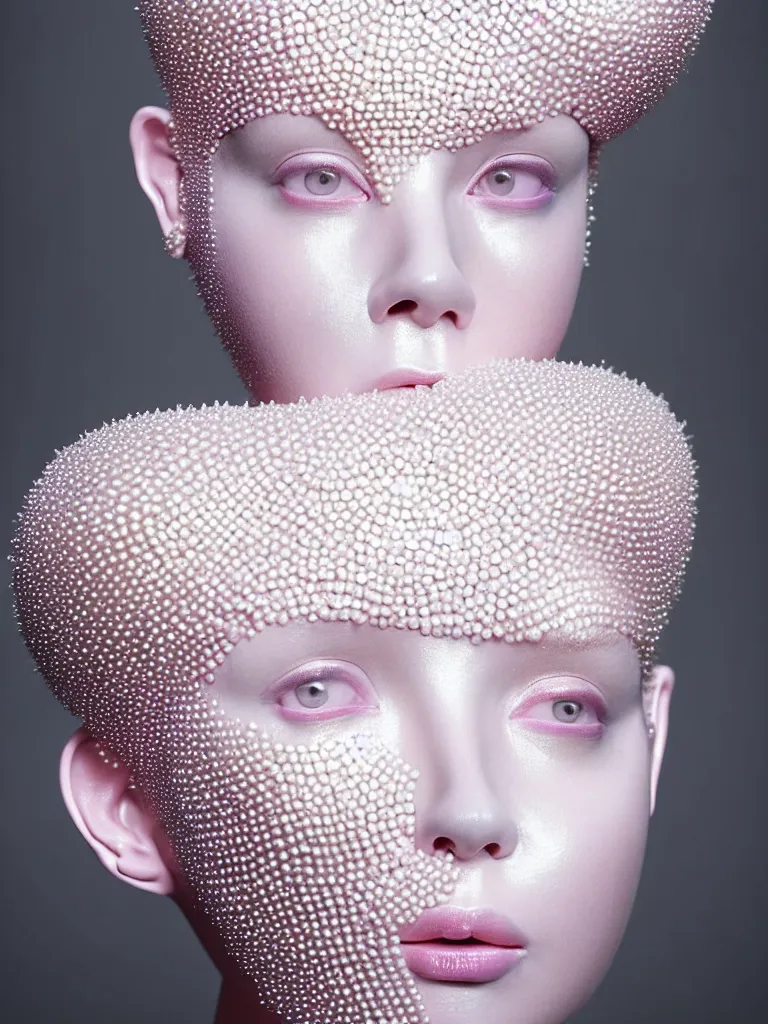 Prompt: portrait of a ethereal goddess wearing a big pearl studded iridescent beauty mask and pink hair buns, wearing a black bodysuit by alexander mcqueen, cream white background, soft diffused light, biotechnology, humanoid robot, perfectly symmetric, bjork aesthetic, translucent, by rineke dijkstra, intricate details, highly detailed, masterpiece,