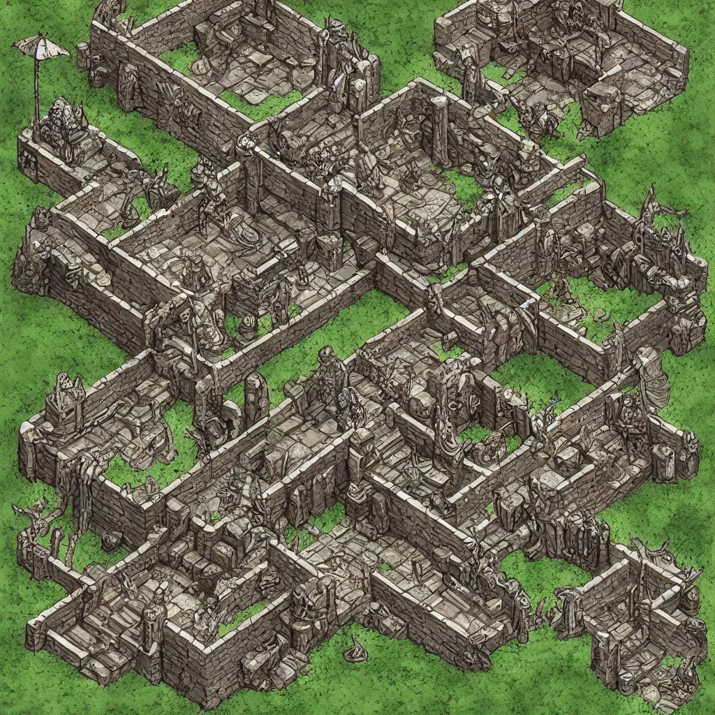 Image similar to tomb of elemental evil, isometric view, tileset, dungeons and dragons art by d. a. trampier, d & d tabletop miniature