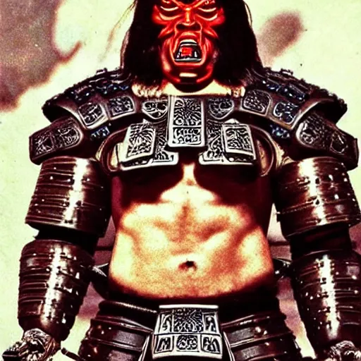 Image similar to very big very muscular very buff very strong samurai, wearing a cybernetic oni mask. The mask is cybernetic and scary. Movie still