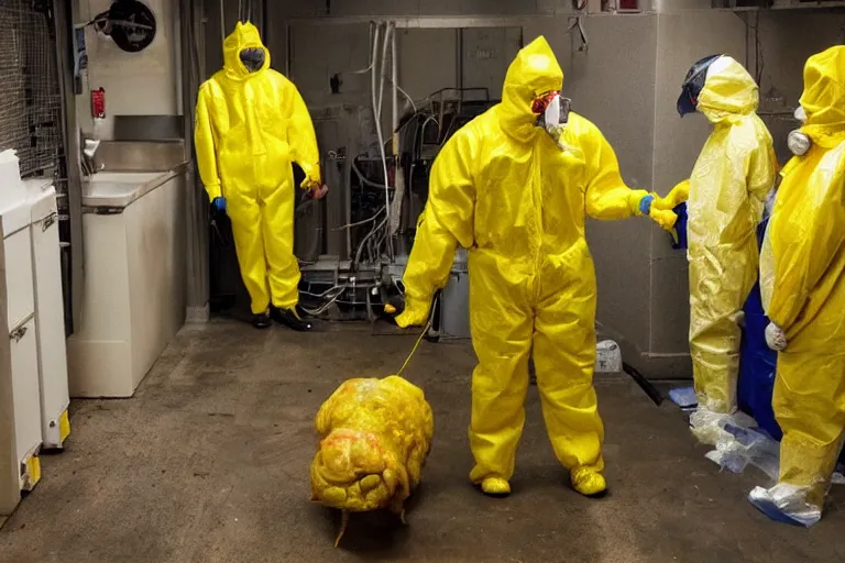 Prompt: a man in a yellow hazmat suit looks on helplessly as an meat monster grows out of control in a creepy basement lab, science equipment