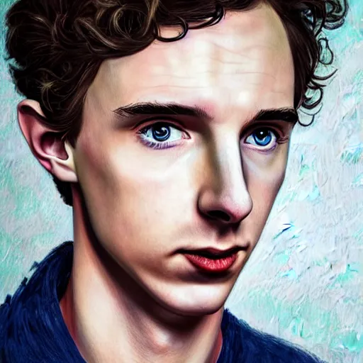 Prompt: portrait of a hybrid of benedict cumberbatch and freddie highmore and timothee chalamet, photo realistic, highly detailed, perfect face