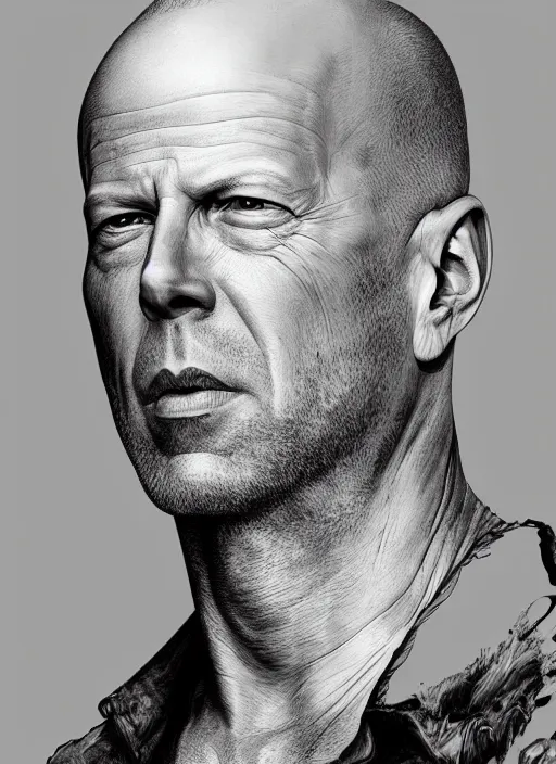 Image similar to highly detailed ink illustration of bruce willis, unreal engine, octane render, b & w clean shaped illustration by kim jung gi, ron english and eiichiro oda