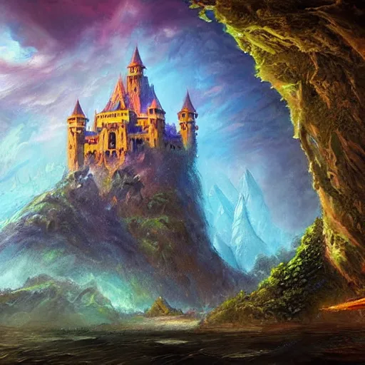 Image similar to a castle on a flying island, masterpiece, flying island on the sky, magic the gathering coloring style, epic fantasy style art, fantasy epic digital art, epic fantasy card game art