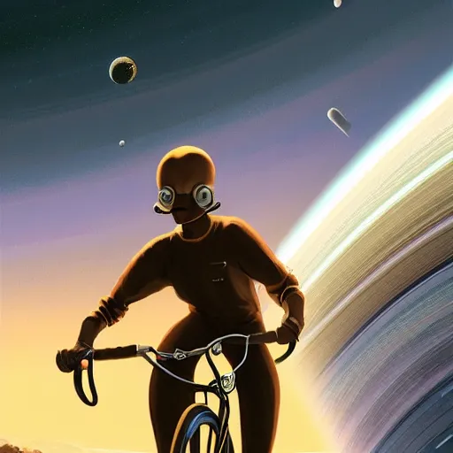 Prompt: a food delivery cyclist cycling around the rings of saturn, sci fi, artstation, greg rutkowski, vladimir kush, laurie greasley