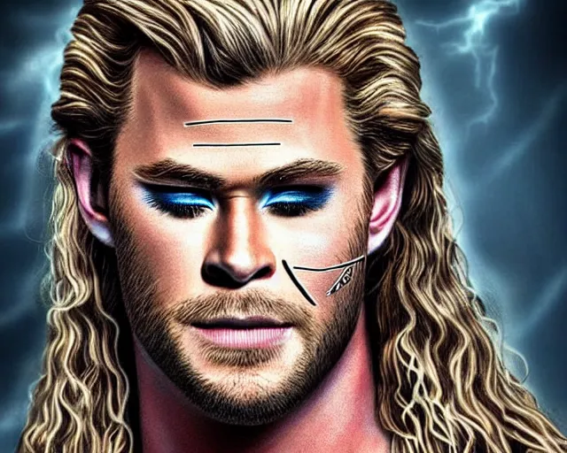 Image similar to chris hemsworth as thor with exaggerated drag queen makeup, digital art, amazing detail, photorealistic