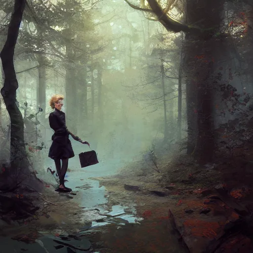 Image similar to marie curie walking in the woods digital art by ruan jia and mandy jurgens and artgerm, highly detailed, trending on artstation, award winning