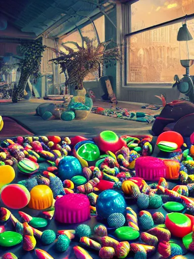 Prompt: the world made of candy, realistic, highly detailed, old concept art, intricate, detailed, award winning, cinematic, octane render, 8 k, photorealistic