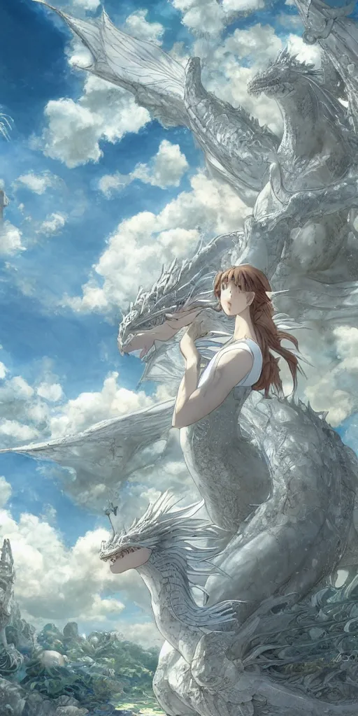 Image similar to the beautiful hyper detailed scene render that a lonely beautiful girl lies in the arms of a huge silver white dragon alone in fairyland surrounded by white clouds, finely detailed angelic face delicate features, style of studio ghibli, makoto shinkai, raphael lacoste, louis comfort tiffany, artgerm, james jean, ross tran, animation style, hd, ultra wide angle