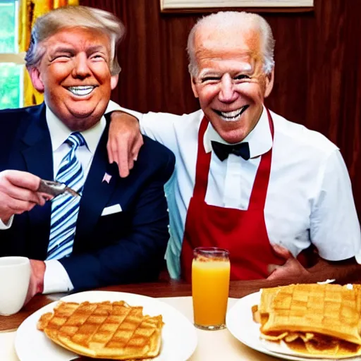 Image similar to photograph of trump and Biden sitting and eating breakfast at a Wafflehouse