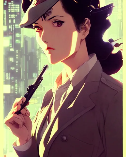 Image similar to portrait Anime 1940s Detective smoking Sharp fine face, pretty face, realistic shaded Perfect face, fine details. Anime. cyberpunk realistic shaded lighting by katsuhiro otomo ghost-in-the-shell, magali villeneuve, artgerm, rutkowski Jeremy Lipkin and Giuseppe Dangelico Pino and Michael Garmash and Rob Rey