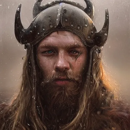 Prompt: a viking with long blonde hair and braided beard, helmet, fur shoulder pads, scarred, wet, raining, close up, rim lighting, portrait, sinister atmospheric lighting. highly detailed painting by greg rutkowski, anime style