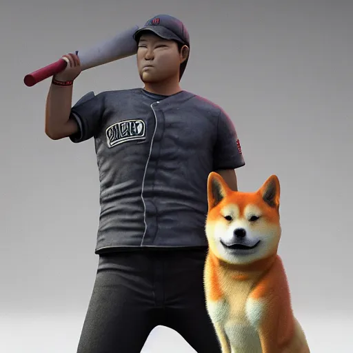 Image similar to highly detailed digital art, shiba inu holding a baseball bat on his hand, cinematic lightning, 4 k, ultra detailed, octane render, trending on artstation, masterpiece, digital art.