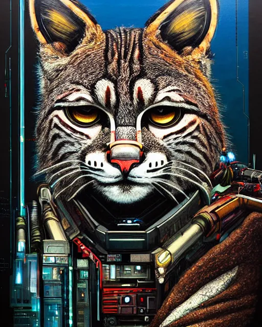 Image similar to a portrait of an anthropomorphic cyberpunk bobcat by sandra chevrier, by jon foster, detailed render, tape deck, epic composition, cybernetics, 4 k realistic, cryengine, realistic shaded lighting, sharp focus, masterpiece, by enki bilal