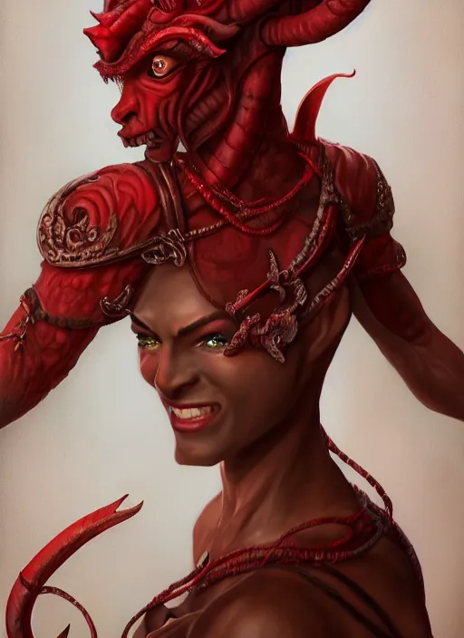 Image similar to red skin, Tiefling , smiling, beautiful detailed eyes, cute, fantasy, intricate, elegant, highly detailed, digital painting, 4k, HDR, concept art, detailed jewelry, smooth, sharp focus, illustration, by Wayne Reynolds