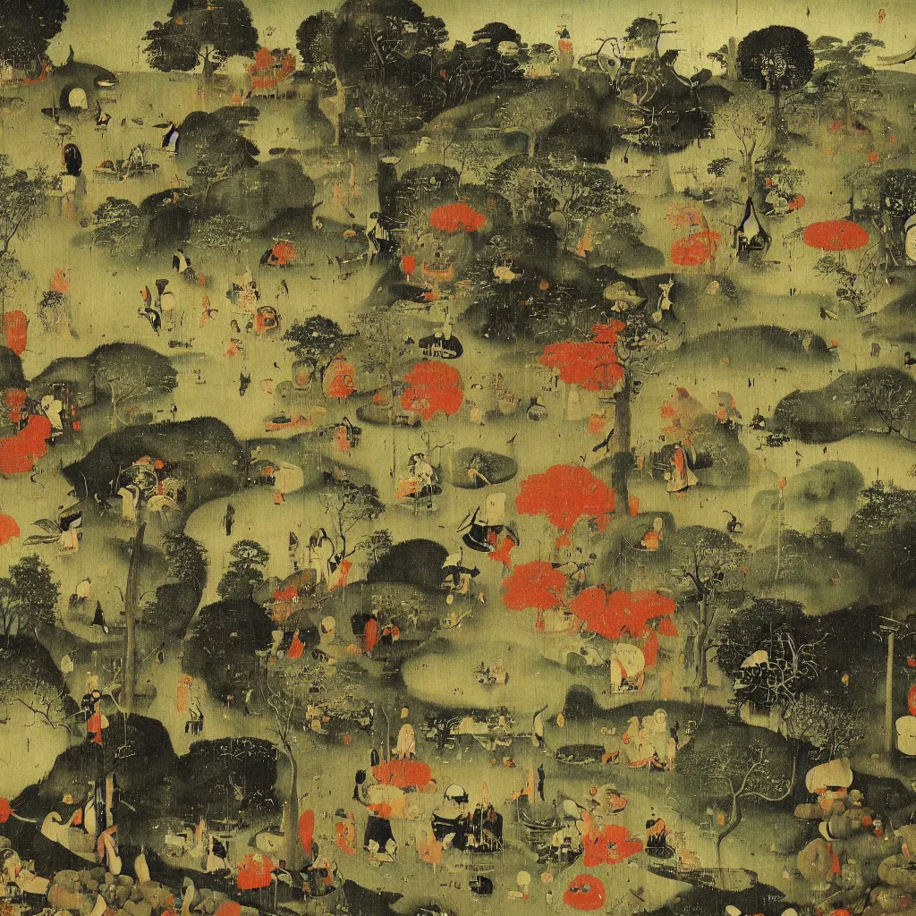 Image similar to Japanese Garden by Hieronymus Bosch, surreal oil painting, highly detailed, dream like, masterpiece