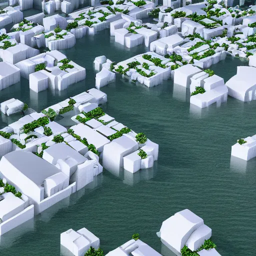 Prompt: highly detailed 3 d render a beautiful lot of white egg shaped buildings are fused together in the calm water, magnesium, beautiful lighting, no trees ， hyper detailed, 8 k, unreal engine, hdr, dof human perspective ， by kazuyo sejima