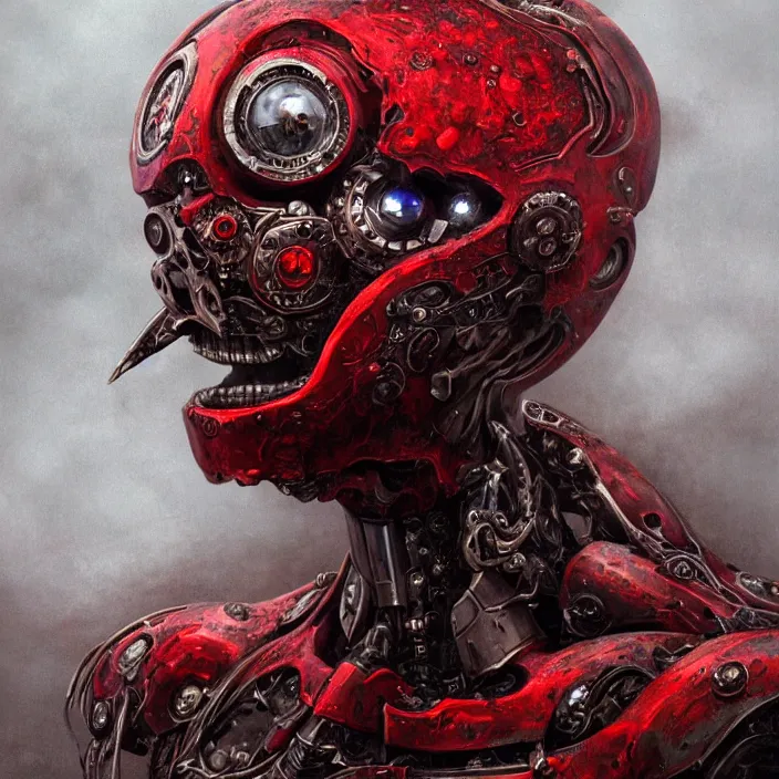 Image similar to h. r. giger esque portrait of an evil ruby ultron from age of ultron, clockwork steampunk, mangled, battle - damage, head and chest only, by beksinski, 4 k, deviantart, trending on artstation