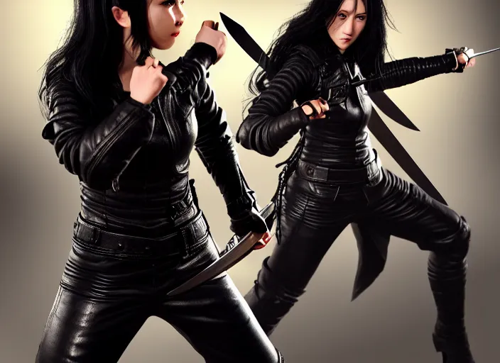 Prompt: black haired woman in a leather jacket, a sword fight, action pose, movie scene, highly detailed, intricate, face enhance, long sharp intricate sword, trending on artstation, action pose