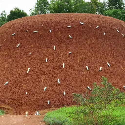 Image similar to a giant anthill in the shape of a school with ants going in and out of it wearing backpacks