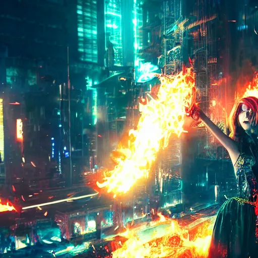 Image similar to a girl like (yoona, Elle Fanning), casting fire spell, background cyberpunk city, full shot, photo, volumetric lighting, epic composition, intricate details, dark neon punk, by KDA