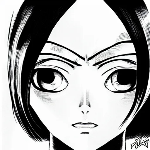 Image similar to alita by yukito kishiro. medium shot. black and white manga. pencil drawing. high detailed face