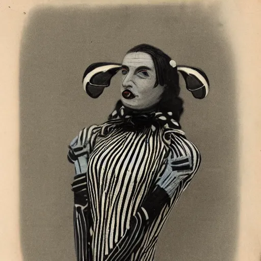 Image similar to an anthromorphic bee woman wearing striped couture made out of wax and paper