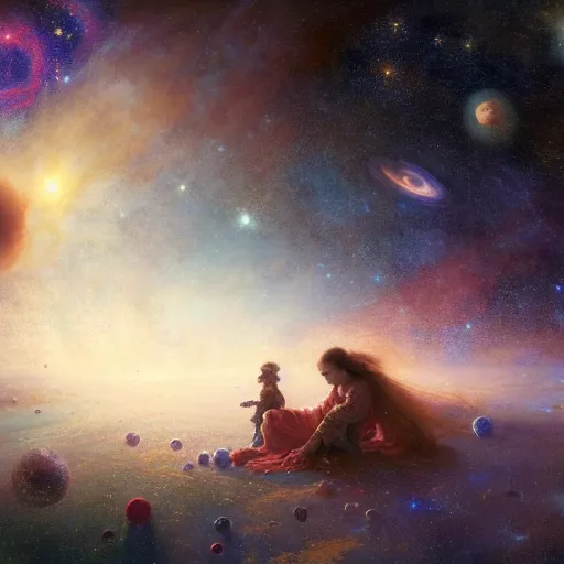 Image similar to a lonley and gloomy baby in middle of space surrounded by colorful stars planets and galaxies, high detail, by gaston bussiere, bayard wu, greg rutkowski, odd nerdrum, maxim verehin, dan dos santos, masterpiece, sharp focus, cinematic lightning