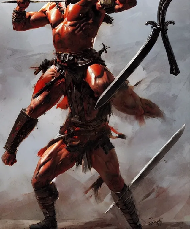 Image similar to muscular roman soldier with sword by simon bisley and greg rutkowski, full body armor! dynamic battle pose vivid color scheme