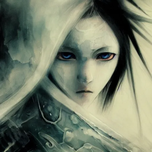 Image similar to yoshitaka amano blurred and dreamy illustration of an anime girl with black eyes, wavy white hair and cracks on her face near eyes wearing elden ring armour with the cape fluttering in the wind, abstract black and white patterns on the background, noisy film grain effect, highly detailed, renaissance oil painting, weird portrait angle