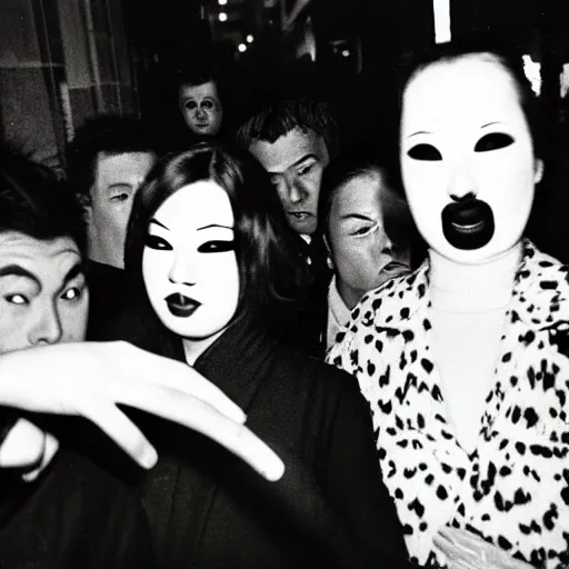 Image similar to Street photography, a close up of several people leaving a seedy nightclub at 5am, they are smoking, someone is screaming, Kabuki makeup, Kodachrome