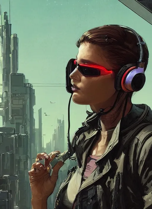 Image similar to Beautiful Ella. Gorgeous female cyberpunk mercenary wearing a cyberpunk headset, military vest, and pilot jumpsuit. gorgeous face. Concept art by James Gurney and Laurie Greasley. Moody Industrial skyline. ArtstationHQ. Realistic Proportions. Creative character design for cyberpunk 2077.