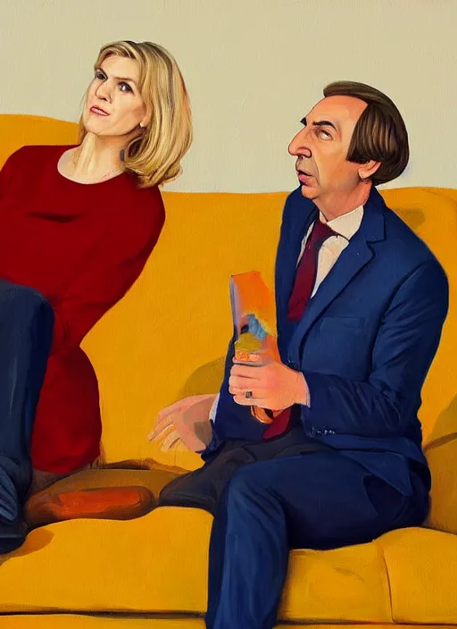 Image similar to jon hale painting of kim wexler and saul goodman sitting on couch, ominious, strange composition, visible brush strokes