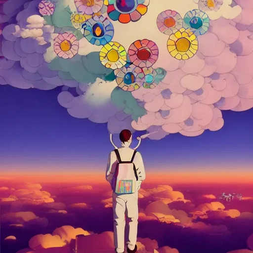 Image similar to a man walking on clouds above kyoto by takashi murakami, beeple and james jean, aya takano color style, 4 k, super detailed