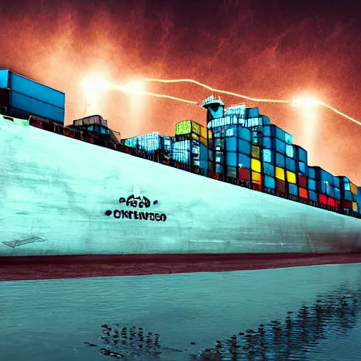 Prompt: Immense industrial futuristic cargo ship arrives at cyber punk city sea port, cinematic lighting, night photo