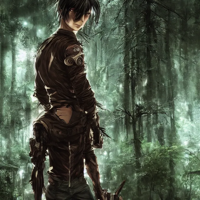 Prompt: eren yeager wearing a cyberpunk suit in a cyberpunk forest, beautiful face, stunning, octane render 8 k hdr, redshift render, rule of thirds, cinematic lighting, rainy weather, melancholy atmosphere, sharp focus, backlit, smooth, hard focus, full body shot, instagram photo, shot on sony a 7 iii, hyper realistic, cinematic