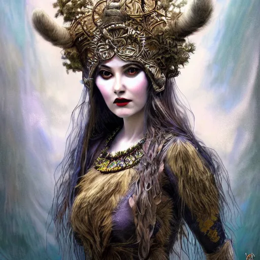 Image similar to a photograpic portrait of a anthropomorphic norse mythology mimosa, wearing furry clothes in the style of heilung an experimental folk music band, fantasy, intricate, elegant, highly detailed, digital painting, artstation, concept art, smooth, sharp focus, illustration, art by artgerm and H R Giger and alphonse mucha