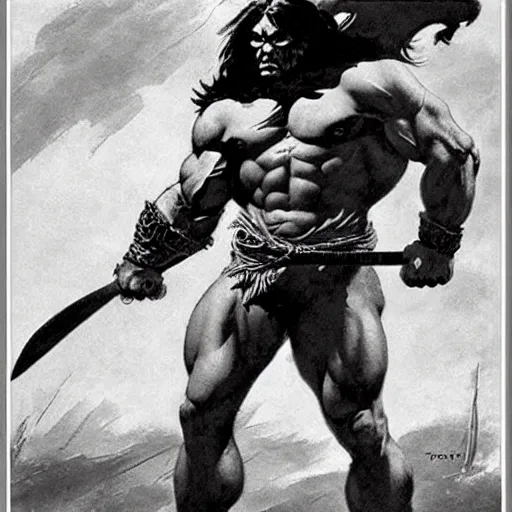 Prompt: by Frank Frazetta style, barbarian with extraordinary muscle structure with long sword, wide view, well-defined anatomy, high quality details, deep depth of field, denoise