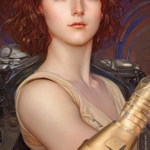 Prompt: Masterpiece head and shoulder portrait of battle angel Alita drawn by Donato Giancola and Tom Bagshaw, face by Artgerm and Edmund Leighton, Alphonse Mucha, background by James Jean and Gustav Klimt, 4k, porcelain skin, komorebi, french nouveau, trending on pixiv, octane render, hyperrealistic