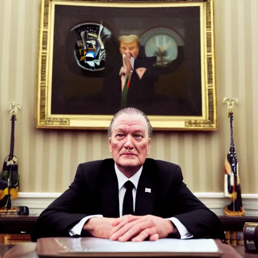 Image similar to president evil BOB from twin peaks in the oval office bright lighting high resolution, menacing atmosphere