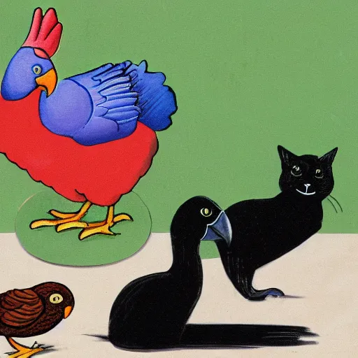 Prompt: black cat and two parrots and a hen
