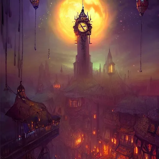 Image similar to a beautiful stunning fantasy whimsical matte digital illustration of a scene of a steampunk! hot - air balloon over a lit steampunk! city at night by marc simonetti, pastel color palette, disney magic the gathering steampunk!!!, chiaroscuro magical! bokeh moon stars dramatic romantic! epic breathtaking, clock tower,, trending on artstation hq, masterpiece