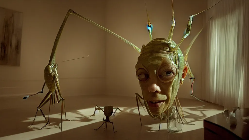 Prompt: the giant praying mantis head in the living room made of wax and water, film still from the movie directed by Denis Villeneuve with art direction by Salvador Dalí, wide lens