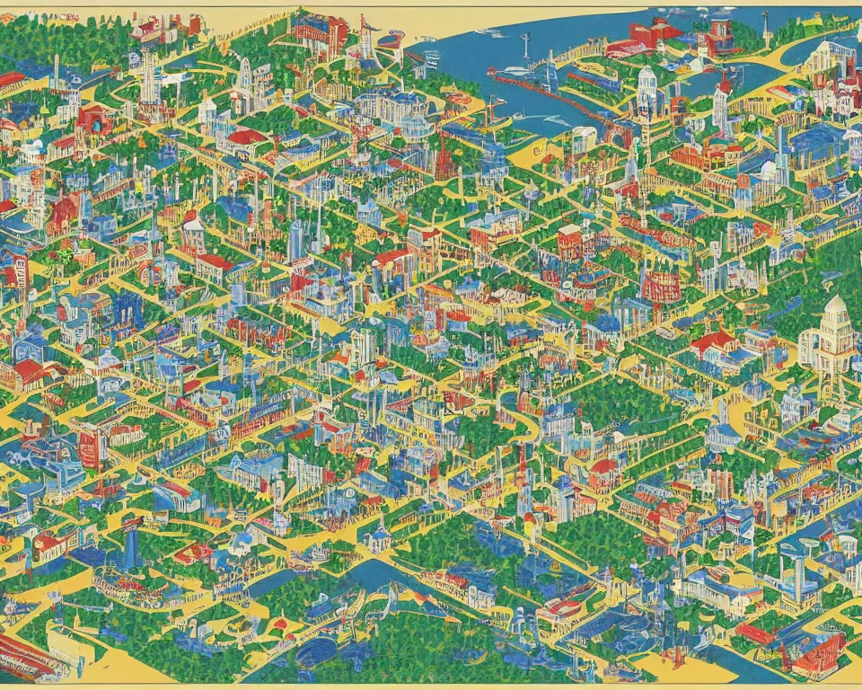 Image similar to theme park style isometric map of Washington, D.C. by Hasui Kawase and Lyonel Feininger